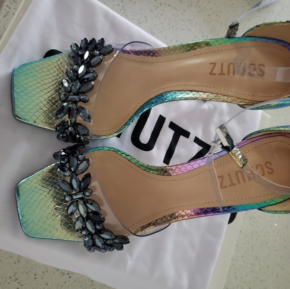 Schutz Shary Iridescent Crystal-Embellished Sandals in Rainbow Light - Picture 8 of 13